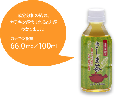 成分分析の結果、カテキンが含まれることがわかりました。カテキン総量66.0mg/100ml
